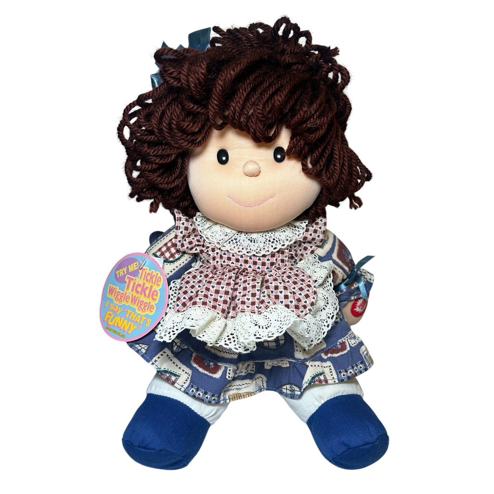 Tickle Tickle Rag & Cloth Doll Soft Body Brown Curly Yarn Hair WORKS